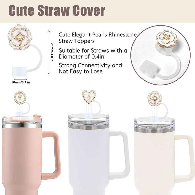 SEMATA 5PCS Silicone Straw Toppers for Stanley Cup Accessories,Pearls Rhinestone Straw Cover Cap for Stanley Tumbler 40&30 oz,Cute White Reusable Straws Tips Protectors Compatible with 10mm Straws - Image 2